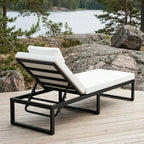 Aurinkotuoli 200 cm – säädettävä selkänoja, 10 cm pehmuste, teräsrunko, musta/beige