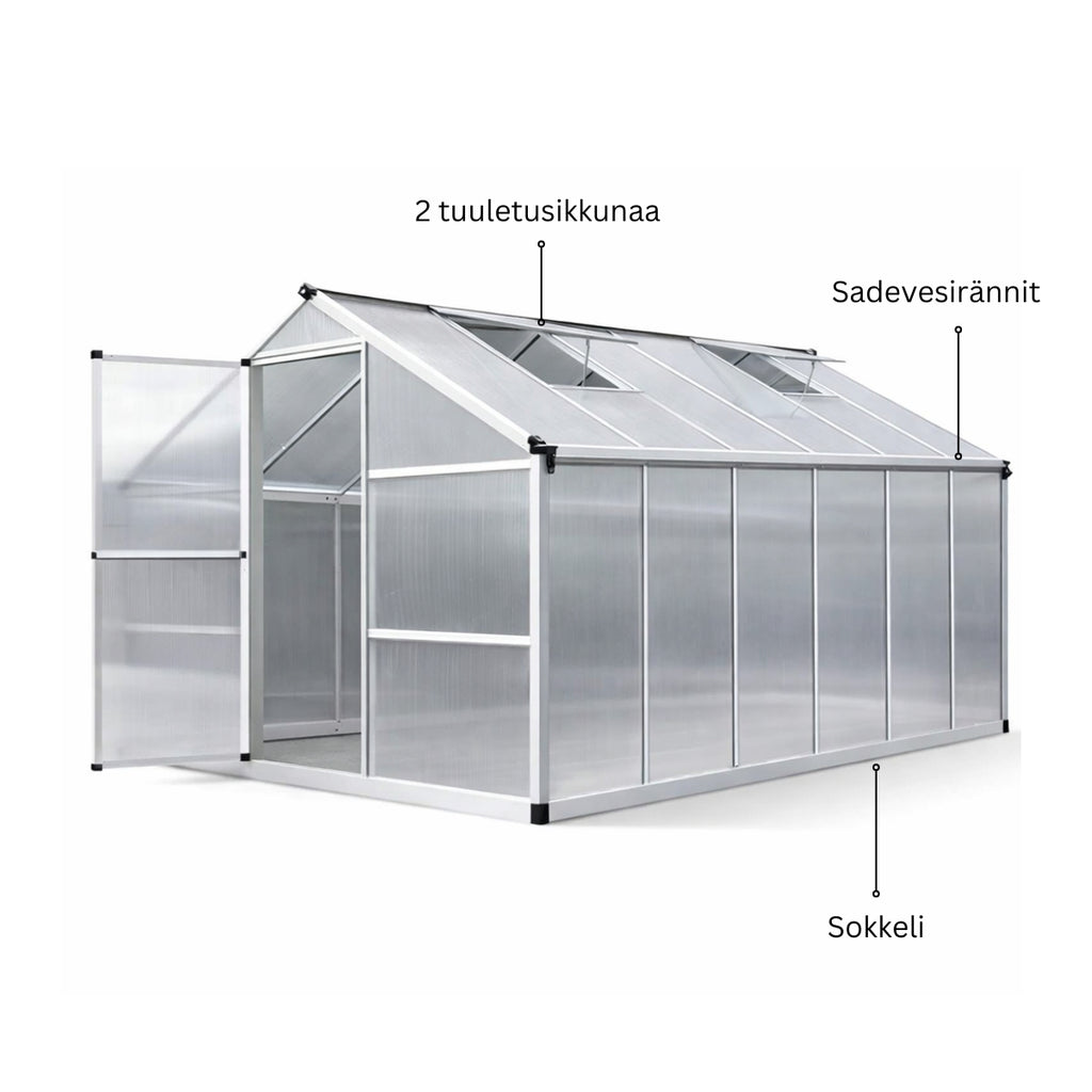 Kasvihuone 8,6 m² – 4 mm kennolevyt, alumiinirunko, sokkeli ja rännit