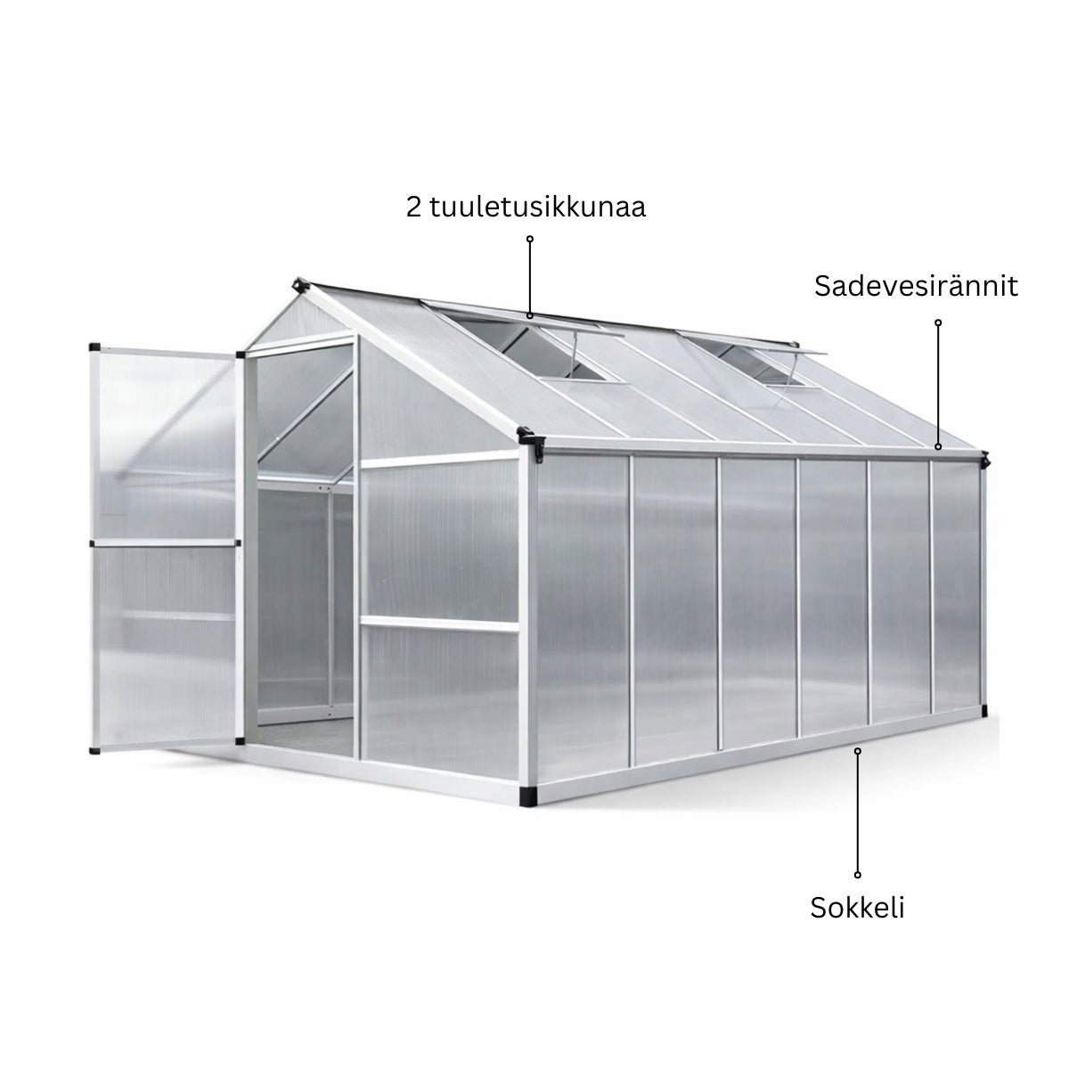 Pohjola Garden Kasvihuone 8,6m2 Sokkeli & Rännit, 4mm 610g/mm2 kennolevyt