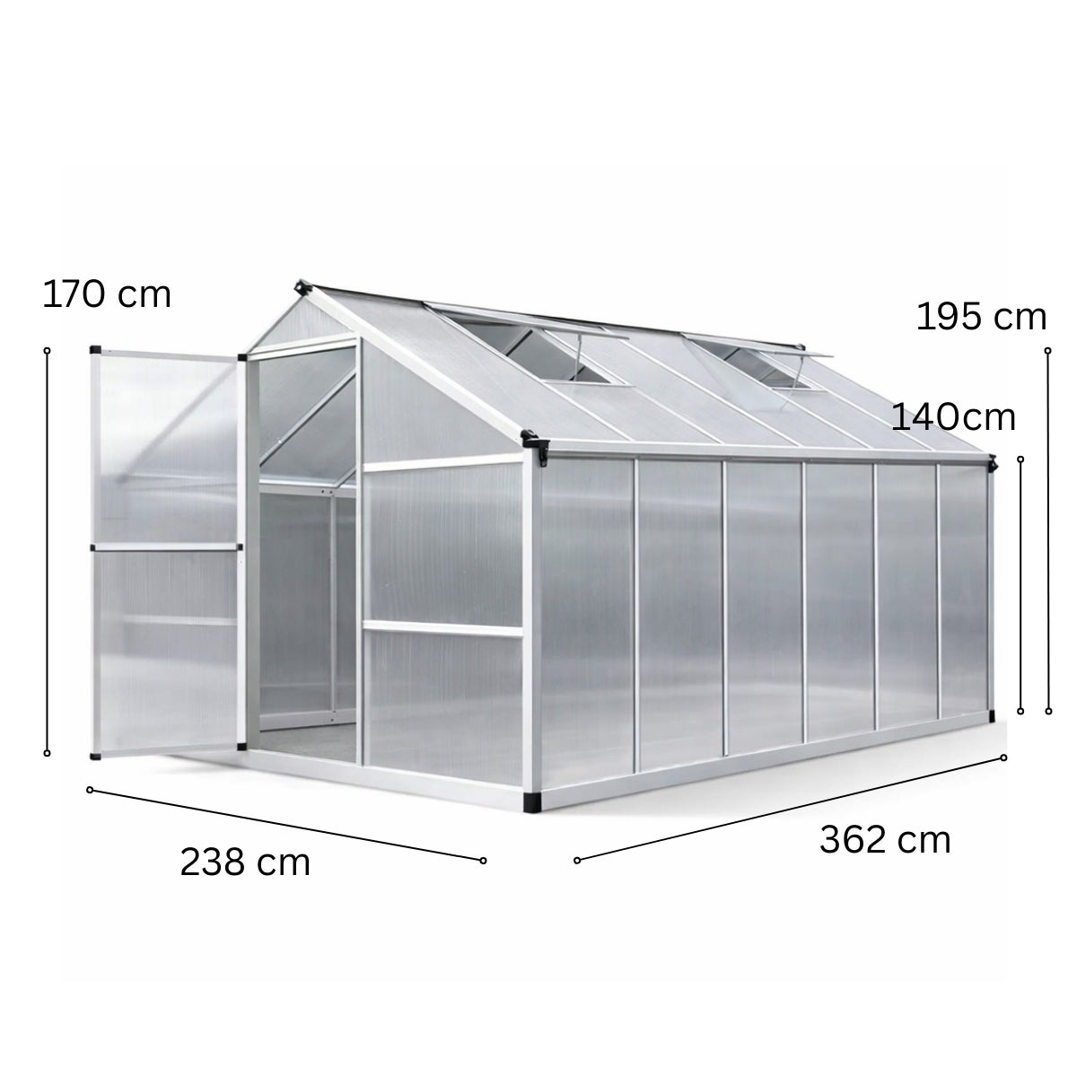 Kasvihuone 8,6 m² – 4 mm kennolevyt, alumiinirunko, sokkeli ja rännit