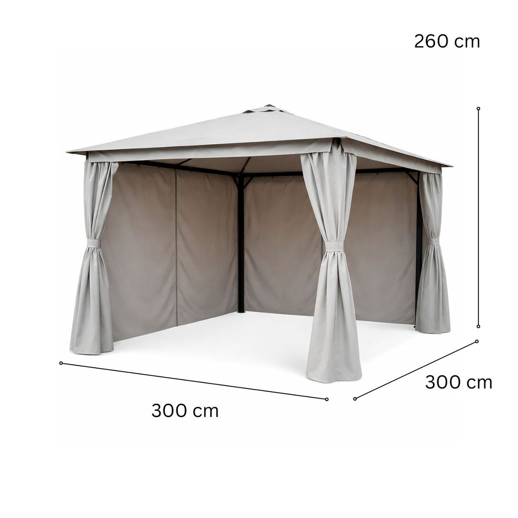 LED-paviljonki 3 x 3 m – aurinkopaneeli, LED-nauhat, sivuverhot, harmaa