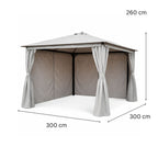 LED-paviljonki 3 x 3 m – aurinkopaneeli, LED-nauhat, sivuverhot, harmaa