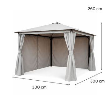 LED-paviljong 3 x 3 m – solpanel, LED-remsor, sidogardiner, grå