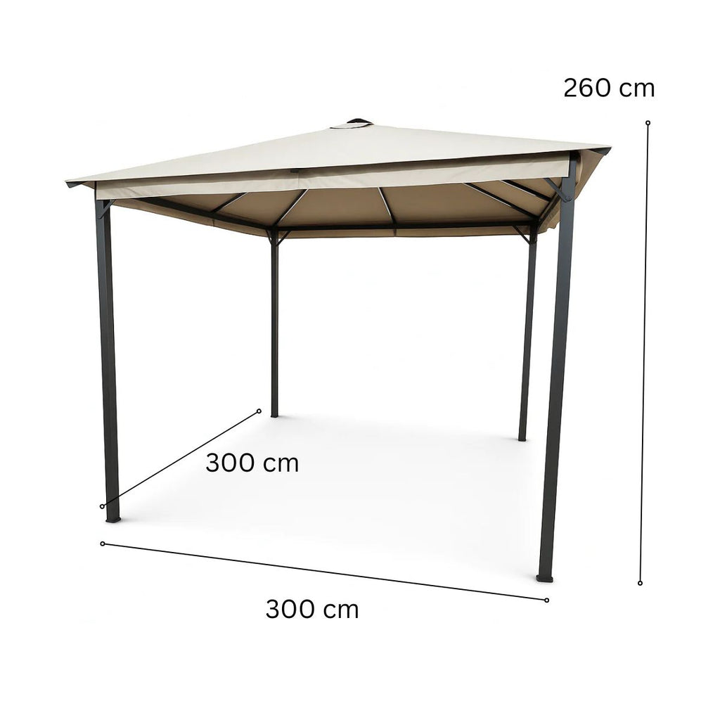 LED-paviljong 3 x 3 m – solpanel, LED-remsor, sidogardiner, beige