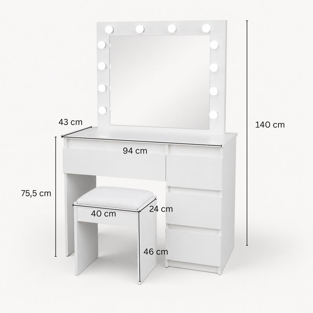Sminkbord Julia med Hollywood-spegel och stol, vitt 94 x 43 x 140 cm