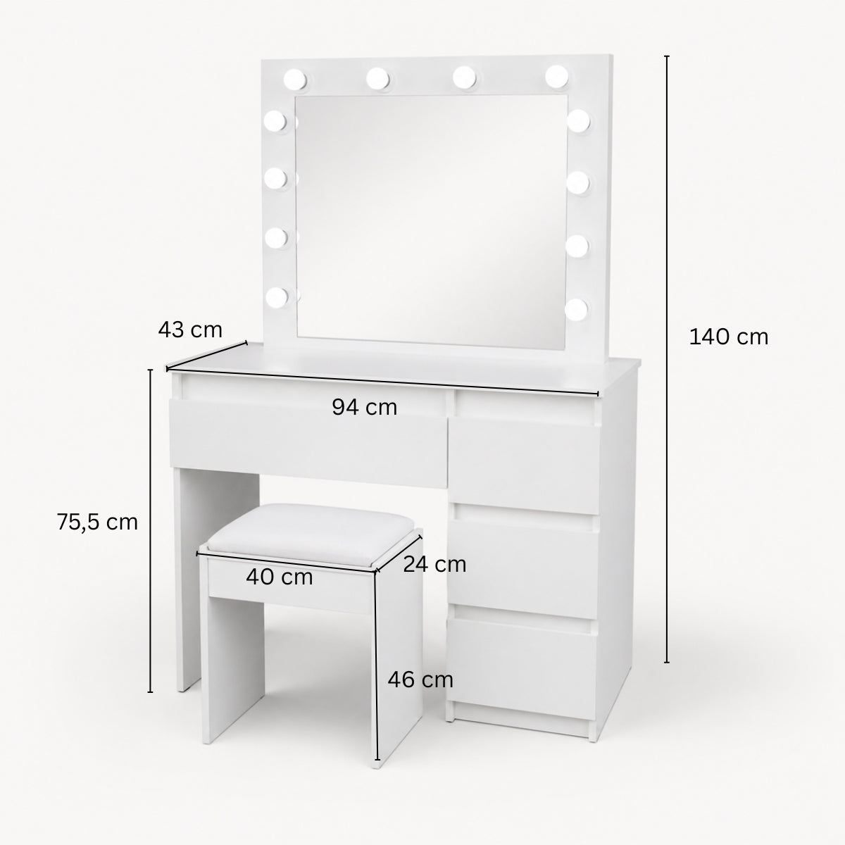 Sminkbord Julia med Hollywood-spegel och stol, vitt 94 x 43 x 140 cm