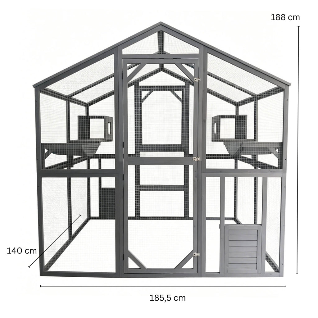 Kattbur för utomhusbruk 185,5 x 140 x 188 cm grå, träram och galvaniserat metallnät