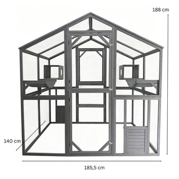 Kissan ulkohäkki 185,5 x 140 x 188 cm harmaa, puurunko ja galvanoitu metalliverkko