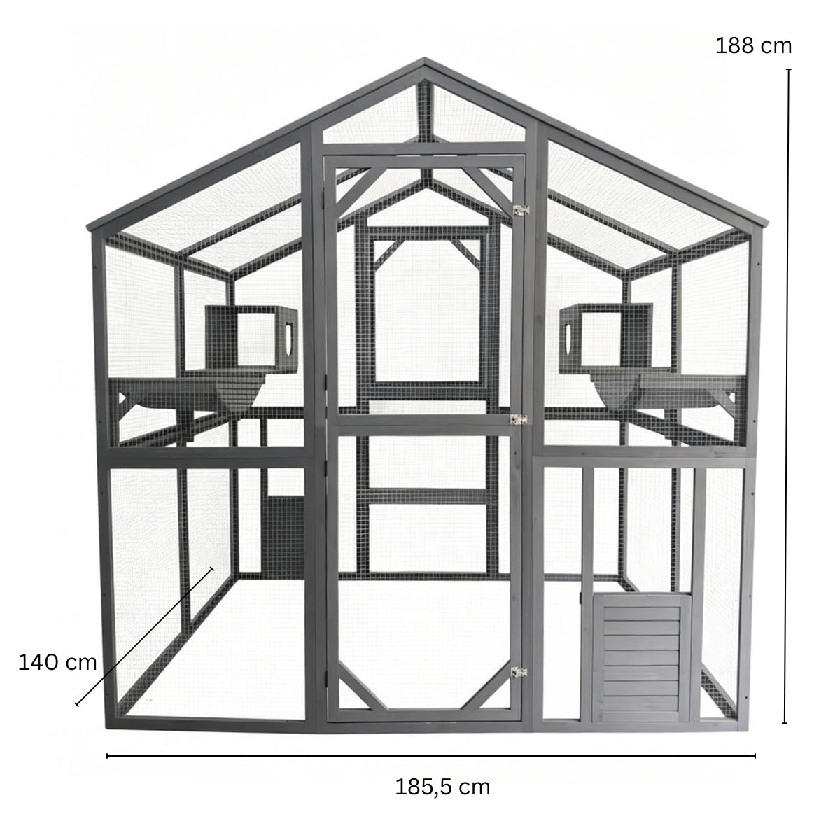 Kissan ulkohäkki 185,5 x 140 x 188 cm harmaa, puurunko ja galvanoitu metalliverkko
