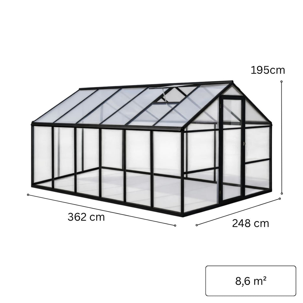 Lasikasvihuone 8,6 m² – alumiinirunko, temperoitu lasi, polykarbonaattikatto