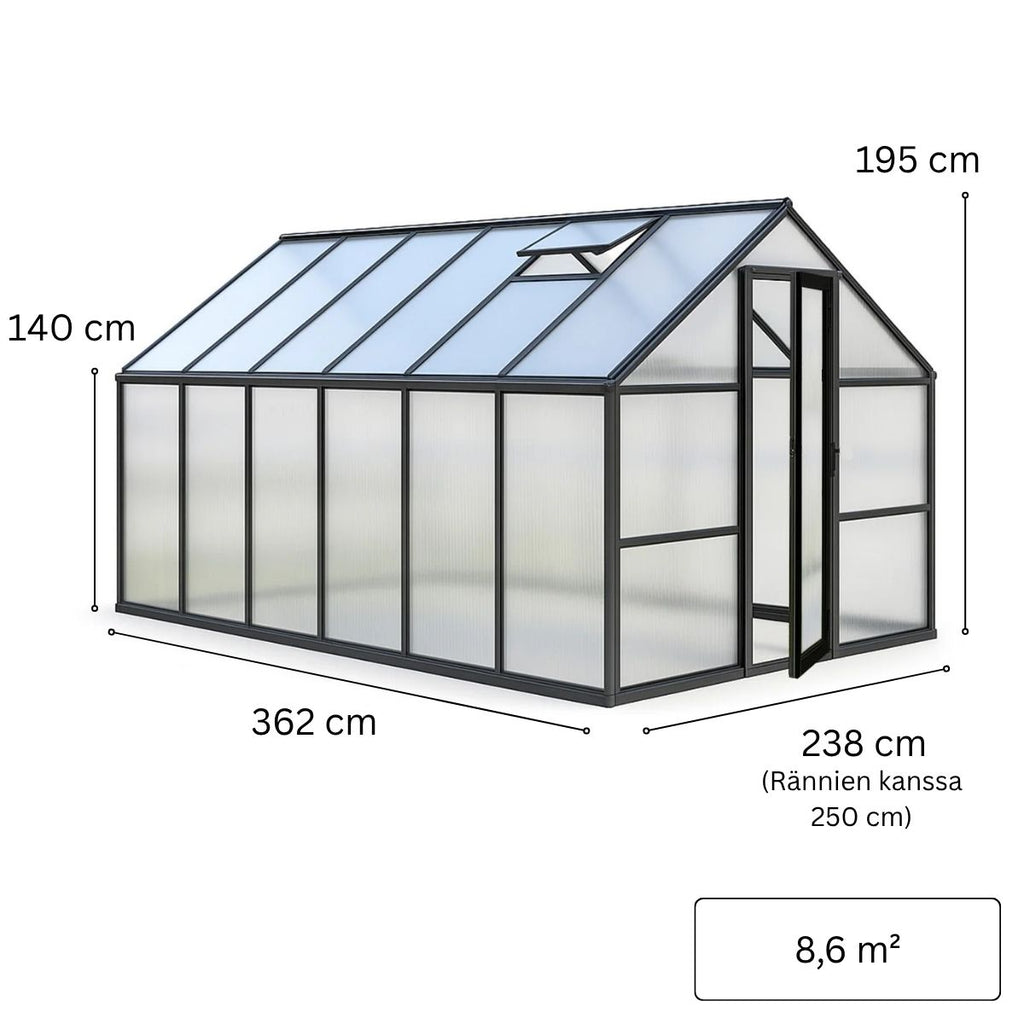 Växthus 8,6 m² – 4 mm 800 g/m² cellplåt, sockel, aluminiumram