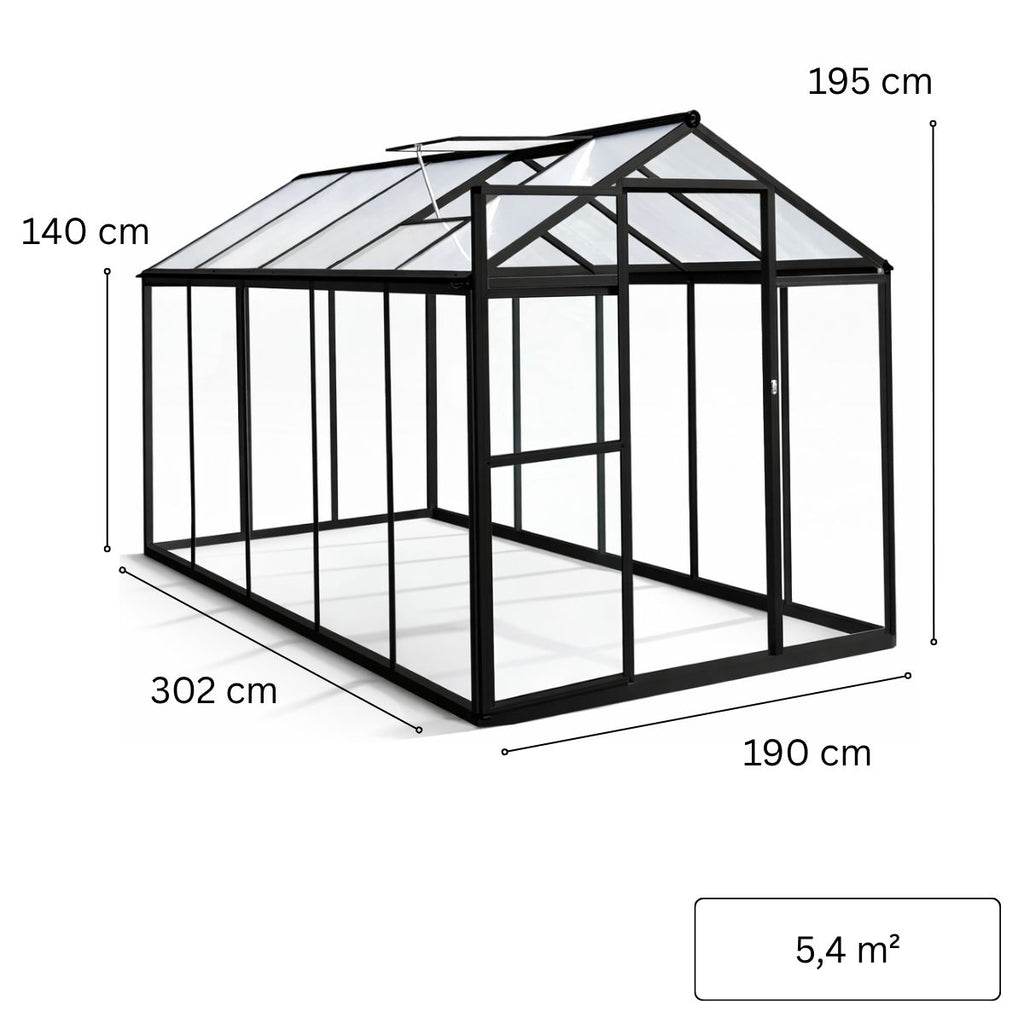 Glasväxthus 5,4 m² – aluminiumram, härdat glas, tak av polykarbonat
