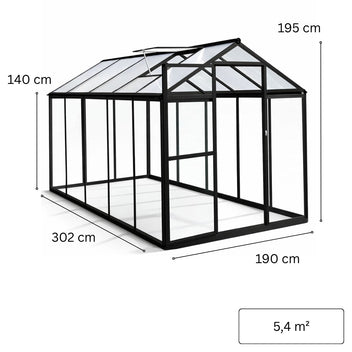 Lasikasvihuone 5,4 m² – alumiinirunko, temperoitu lasi, polykarbonaattikatto
