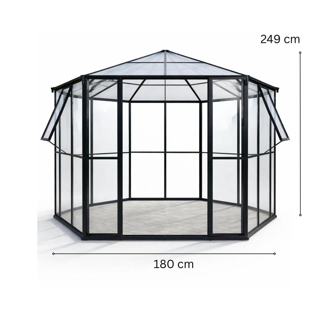 Kuusikulmainen paviljonkikasvihuone 180 x 180 cm – 2 ikkunaa, 4 mm PC-katto, musta
