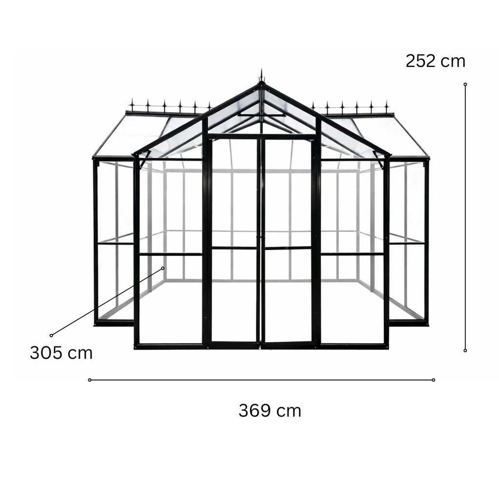 T-formad växthuspaviljong 369 x 305 cm – 2 dubbeldörrar, 2 fönster, svart