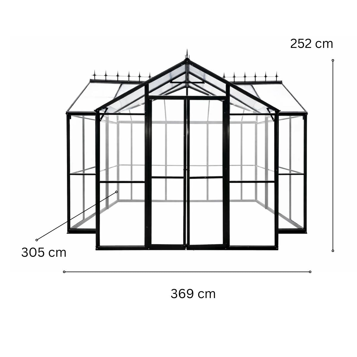 T-formad växthuspaviljong 369 x 305 cm – 2 dubbeldörrar, 2 fönster, svart