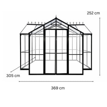 T-formad växthuspaviljong 369 x 305 cm – 2 dubbeldörrar, 2 fönster, svart