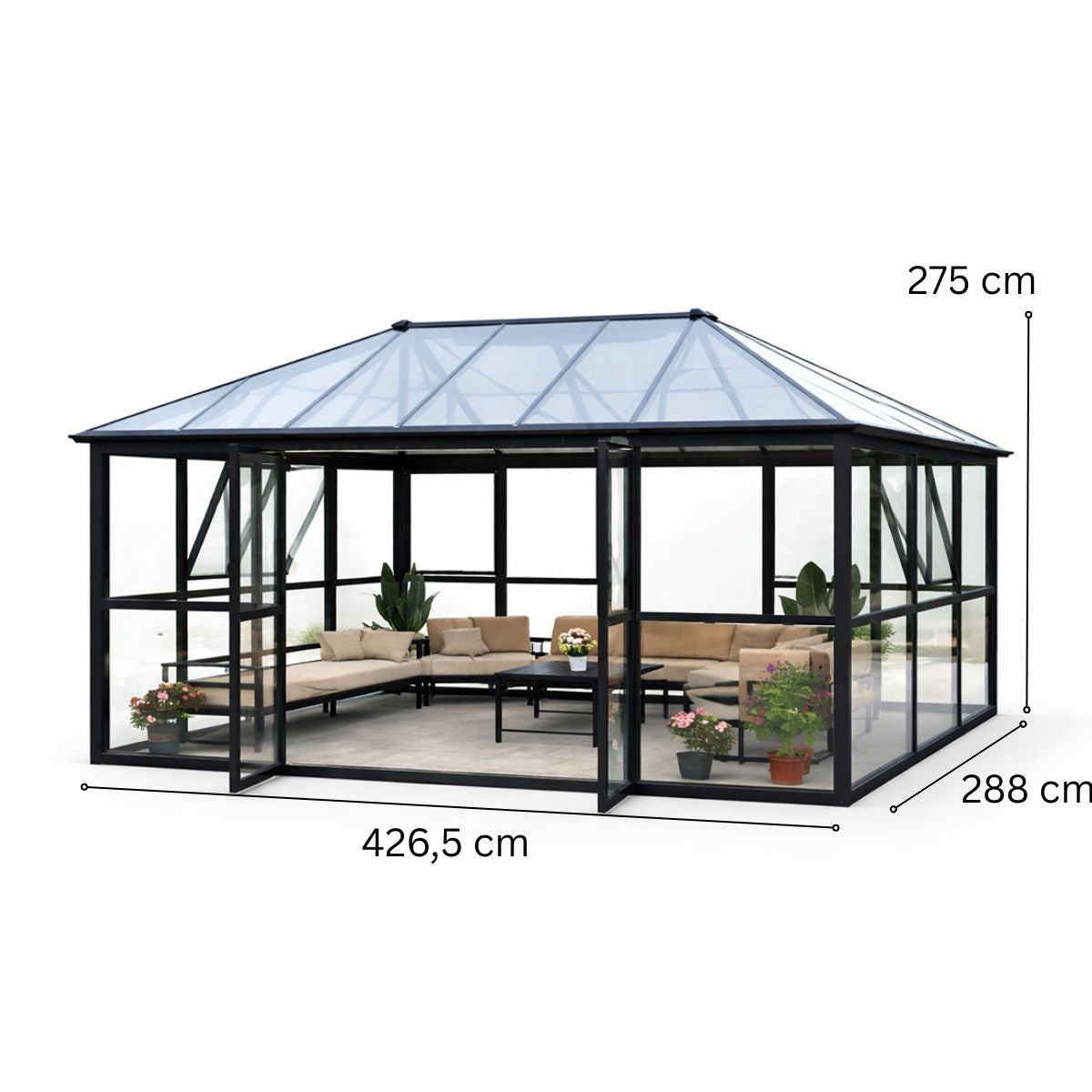 Lund & Leaf Glass Pavilion / Glaspaviljong med dubbeldörrar, 288 x 426 x 275 cm, svart, aluminiumram