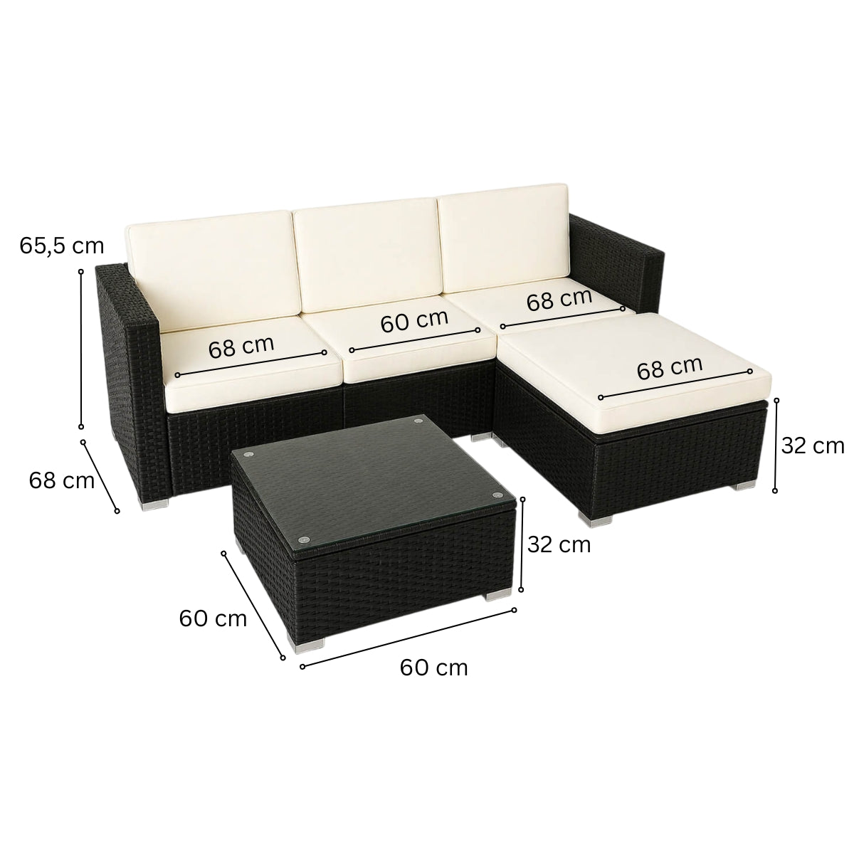 Polyrottinki soffgrupp – 8 cm stoppning, glasbord, stålram, svart/beige