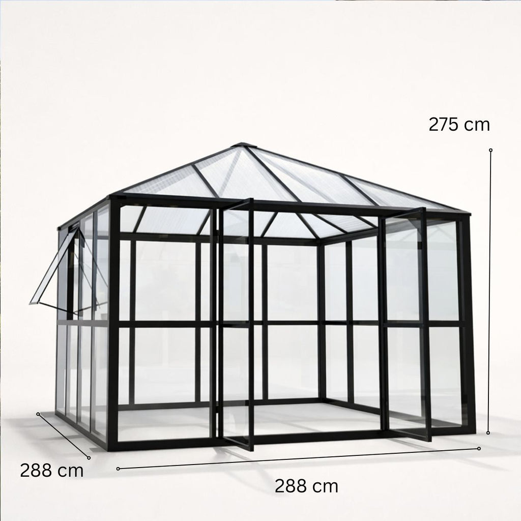 Glaspaviljong 288 x 288 cm – 8,29 m², ventilationsfönster, aluminiumram