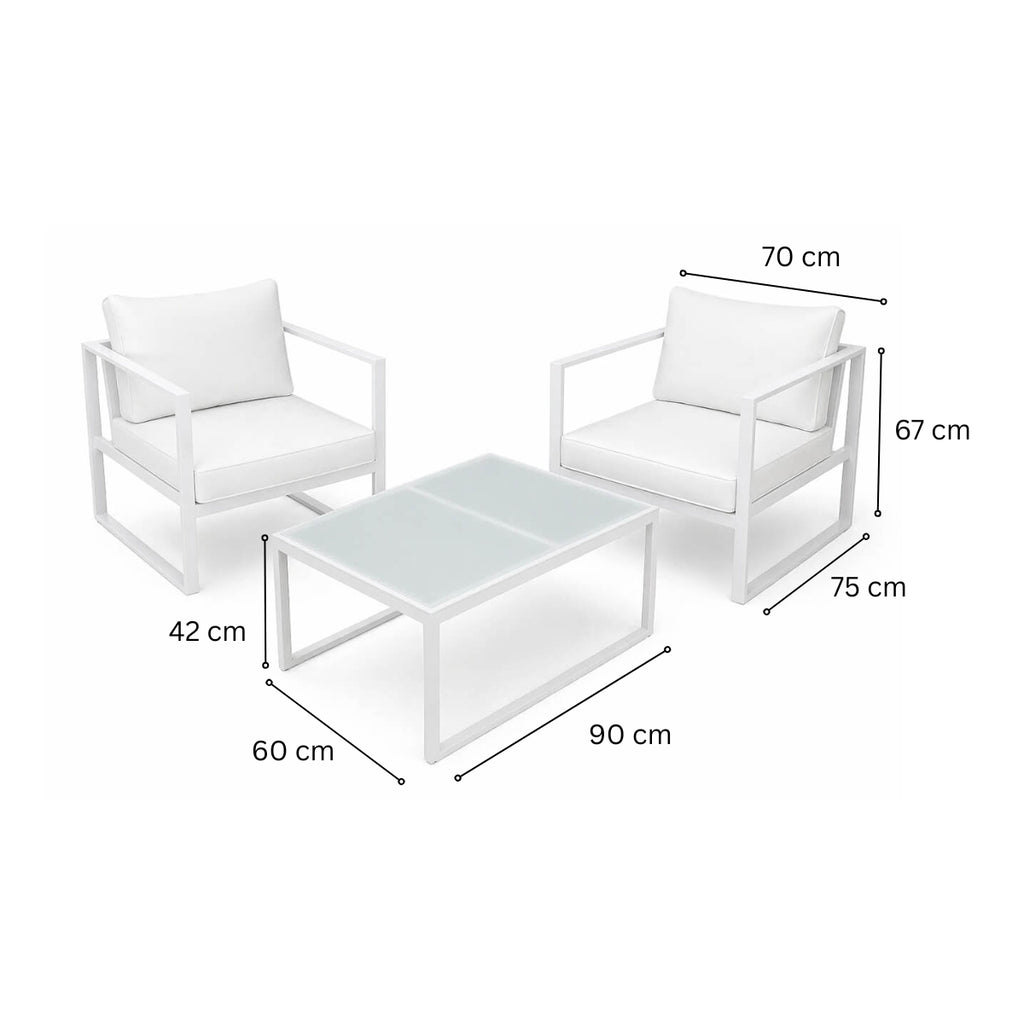 Ulkokalustesetti, 2 tuolia+ pöytä, 10 cm pehmusteet, valkoinen / vaalea beige