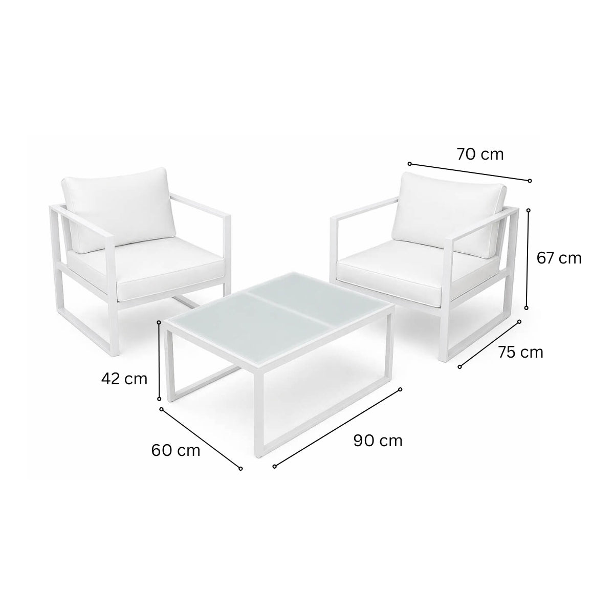 Ulkokalustesetti, 2 tuolia+ pöytä, 10 cm pehmusteet, valkoinen / vaalea beige