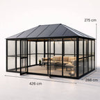 Glaspaviljong 288 x 426 cm – 12,28 m², 2 ventilationsfönster, aluminiumram