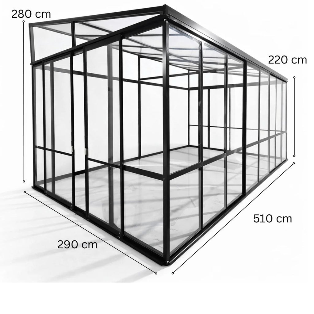 Glaspaviljong 510 x 290 cm – 3,6 mm härdat glas, 4 mm PC-tak, 3 skjutdörrar