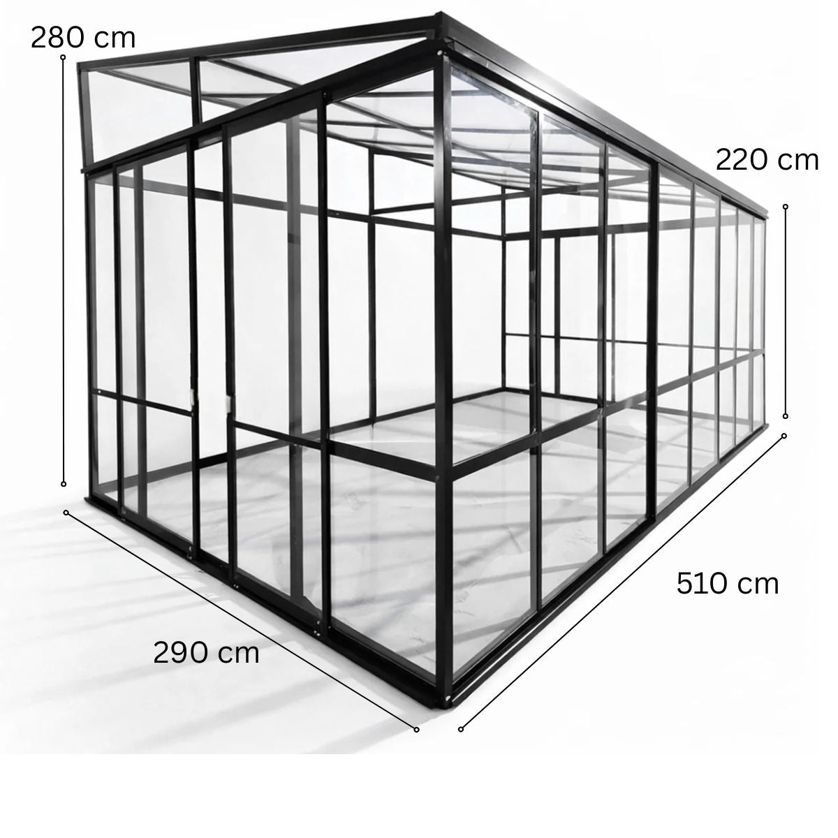 Lasipaviljonki 510 x 290 cm – 3,6 mm karkaistu lasi, 4 mm PC-katto, 3 liukuovea