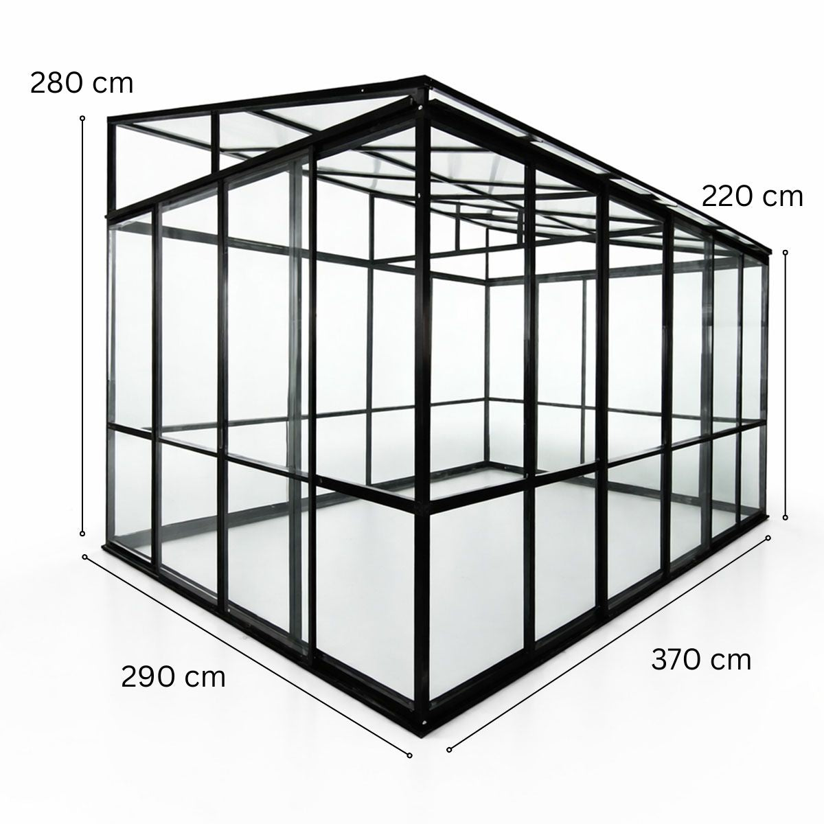 Lasipaviljonki 370 x 290 cm – 3,6 mm karkaistu lasi, 4 mm PC-katto, 3 ovea