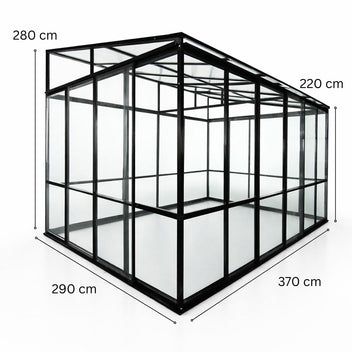 Lasipaviljonki 370 x 290 cm – 3,6 mm karkaistu lasi, 4 mm PC-katto, 3 ovea