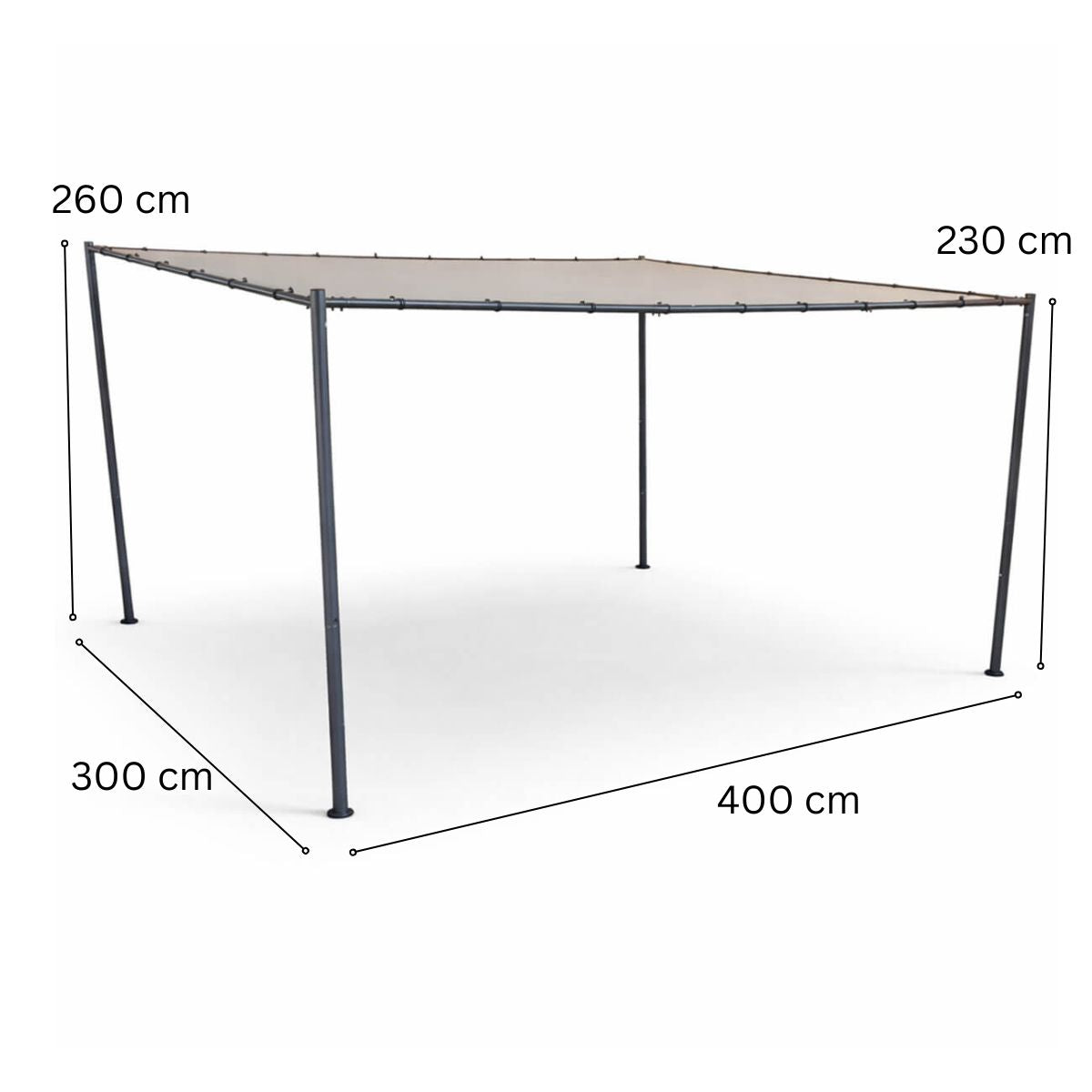 Paviljonki 300 x 400 cm – kalteva katto, galvanoitu teräsrunko, 180 g polyesterikatos