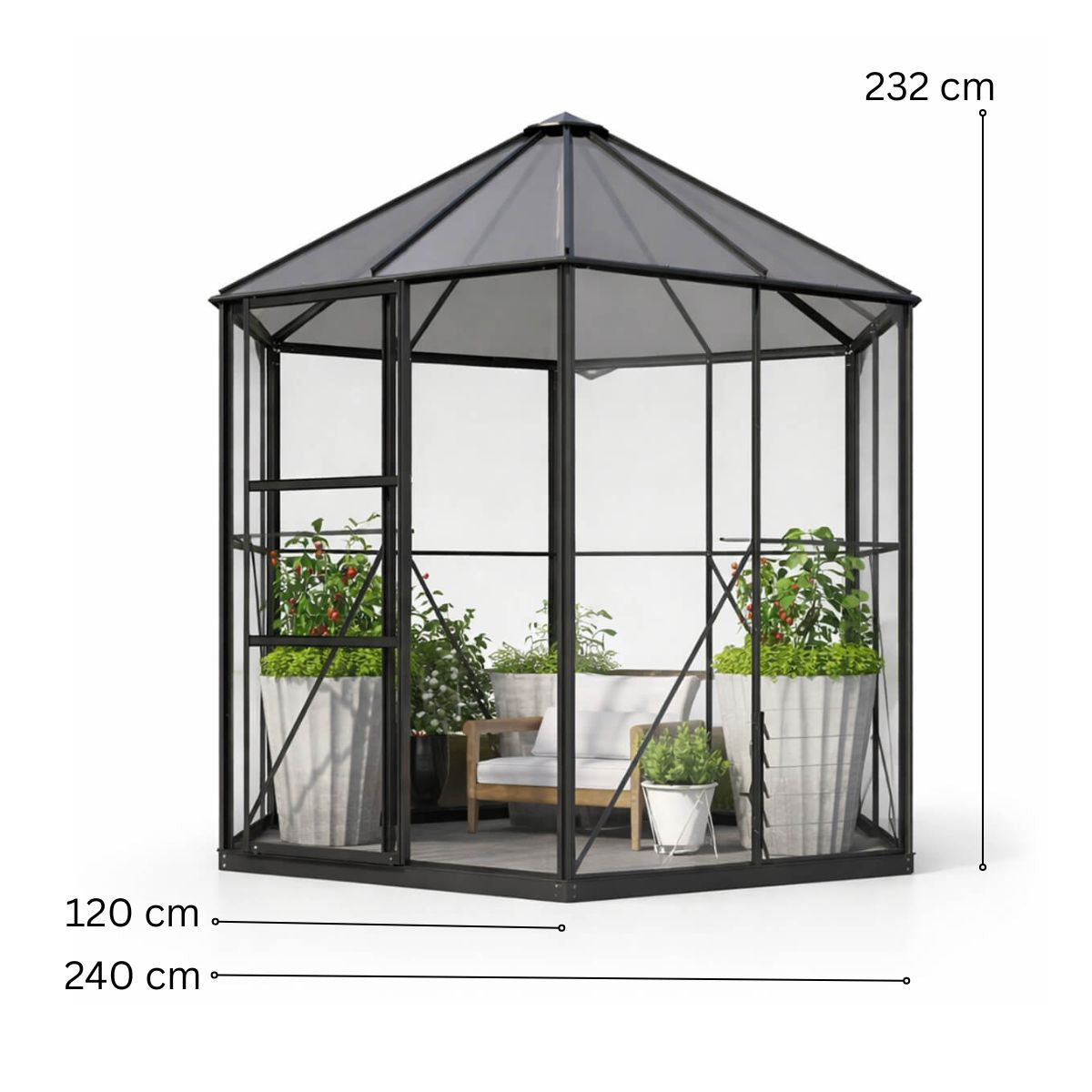 Kuusikulmainen Paviljonki / Lasikasvihuone 3,7m2, Musta, Alumiinirunko