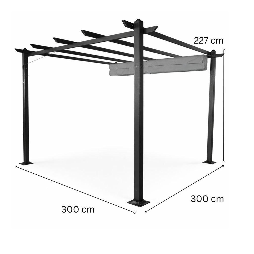 Pergola 3 x 3 m – skjutbart taktyg, aluminiumram, 250 g PU-tyg, grå