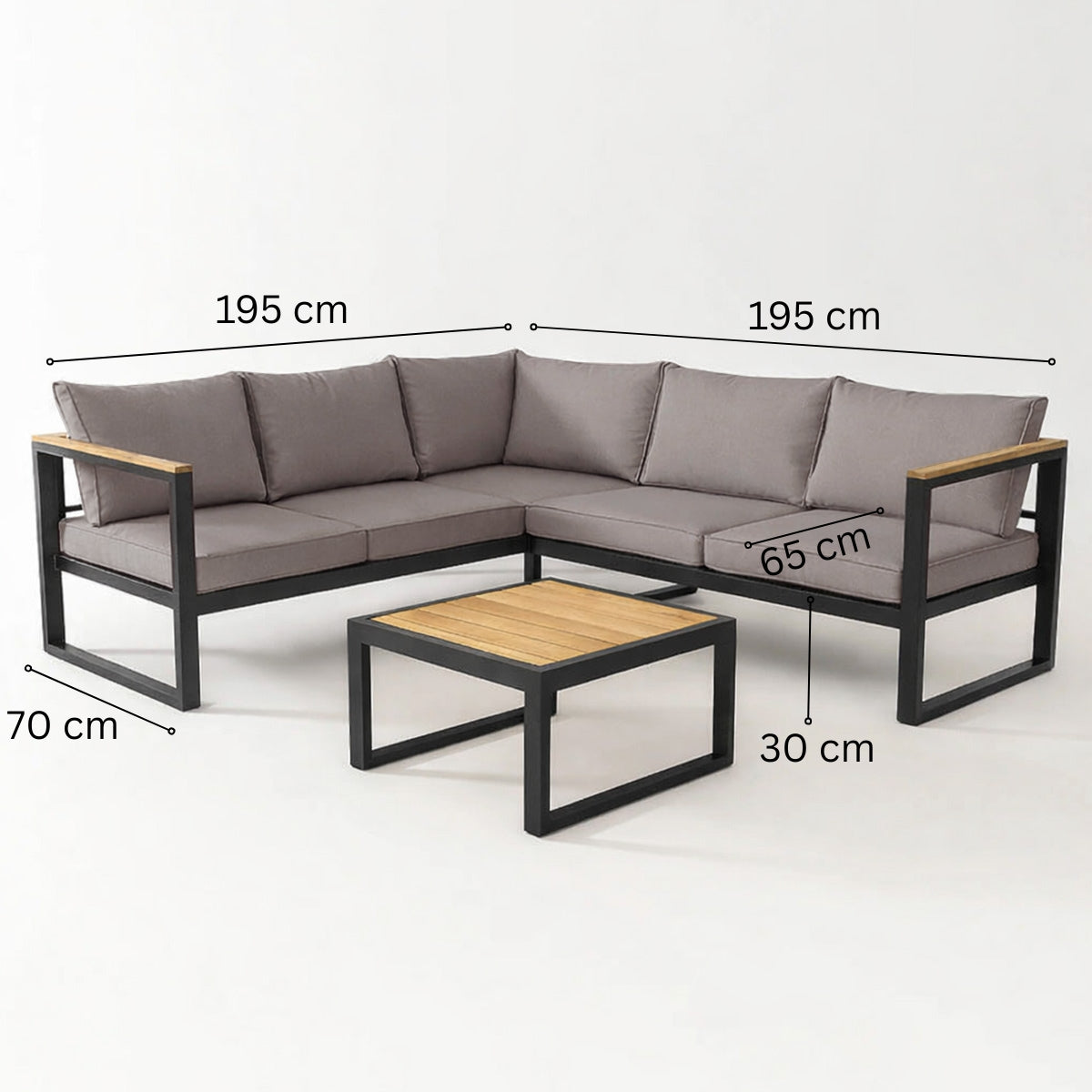 Kulmasohvaryhmä 195 x 195 cm SIIRI – alumiinirunko, polywood-pöytä, 10 cm tyynyt