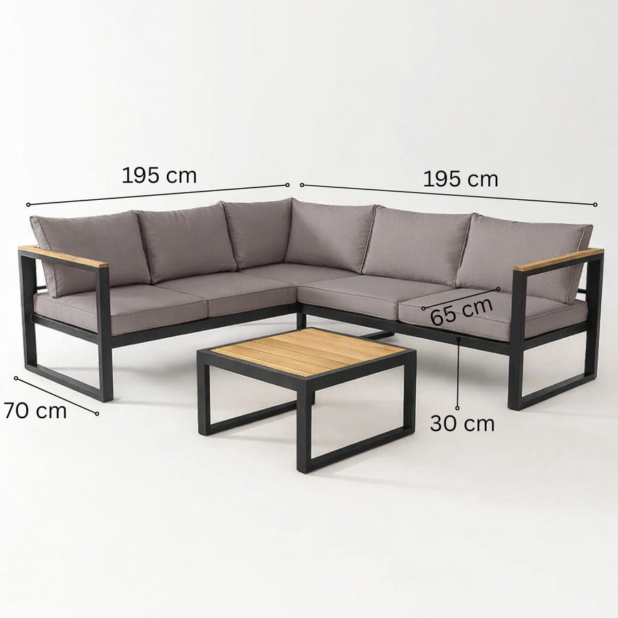 Kulmasohvaryhmä 195 x 195 cm SIIRI – alumiinirunko, polywood-pöytä, 10 cm tyynyt