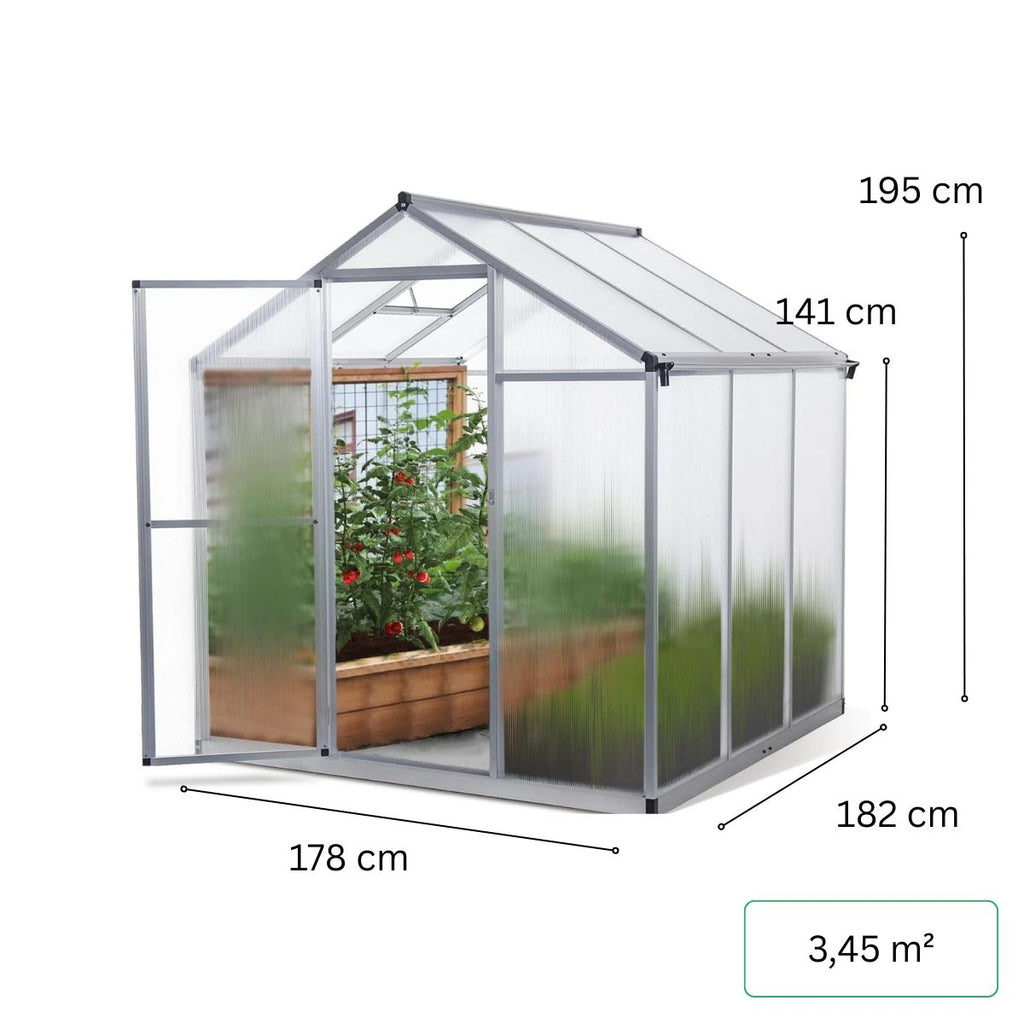 Kasvihuone 3,3 m² – 4 mm 610 g/m² kennolevyt, sokkeli, alumiinirunko
