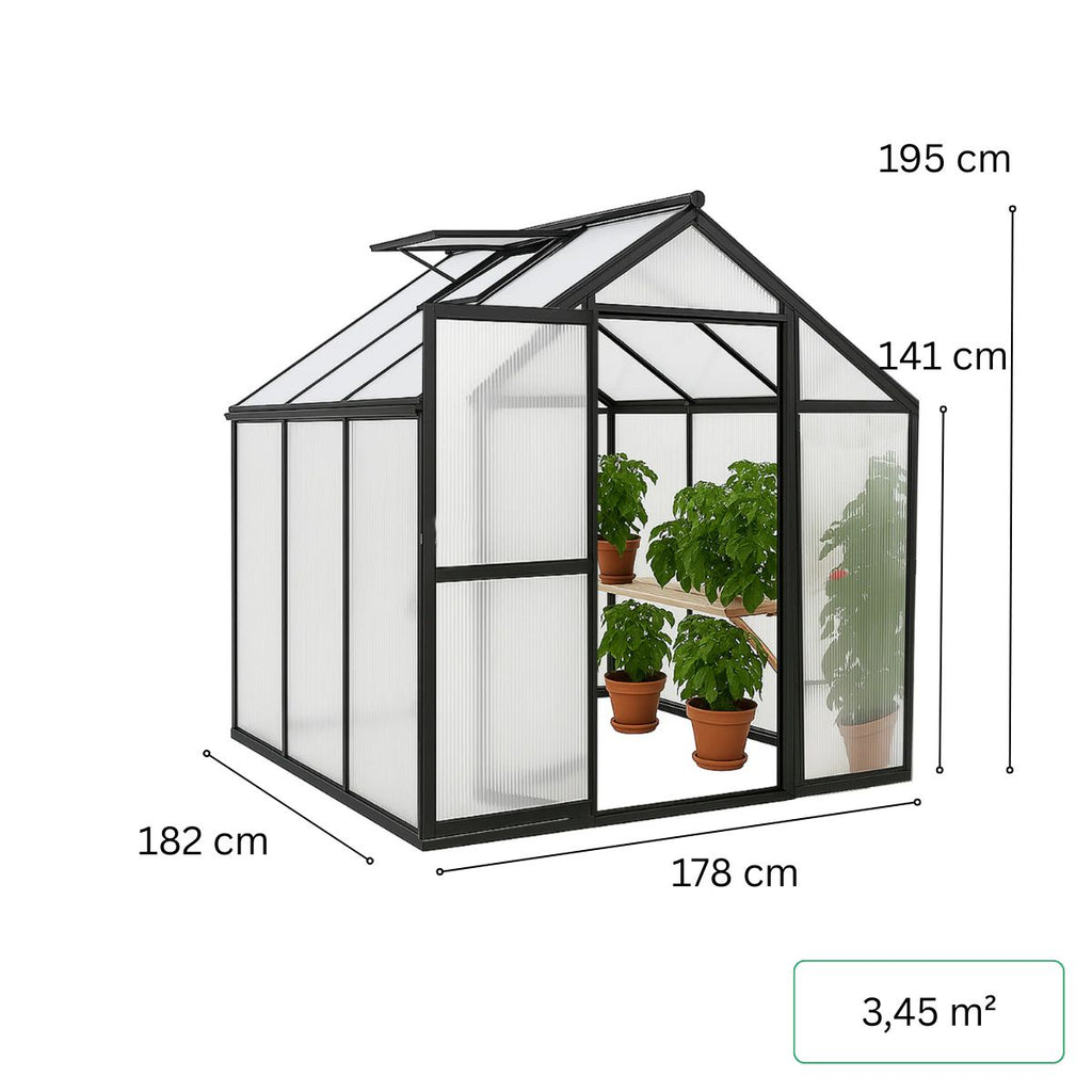 Kasvihuone 3,3 m² – 4 mm 610 g/m² kennolevyt, sokkeli, alumiinirunko