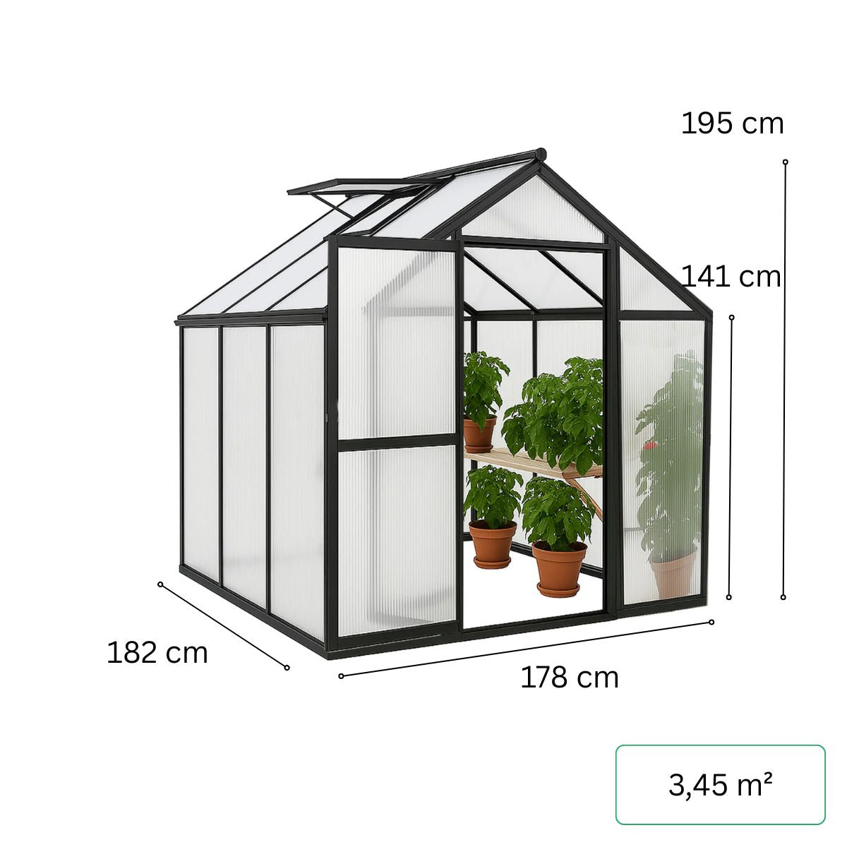 Växthus 3,3 m² – 4 mm 610 g/m² cellplattor, sockel, aluminiumram
