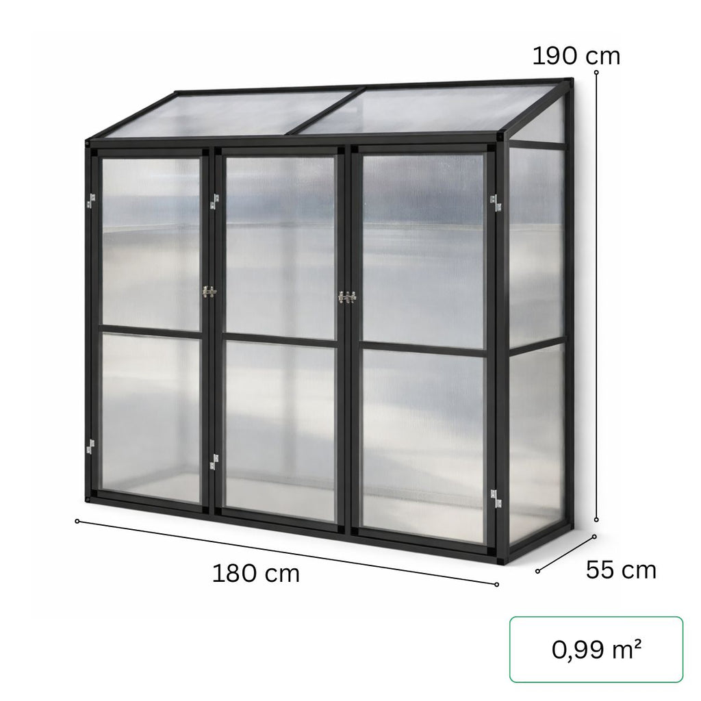 Väggväxthus 180 x 55 cm – 4 mm cellplåt, aluminiumram, 2 takfönster