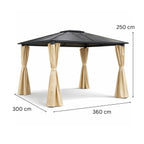 Paviljonki 360 x 300 cm PC-katolla – 6 mm katto, galvanoitu teräsrunko, verhot, beige