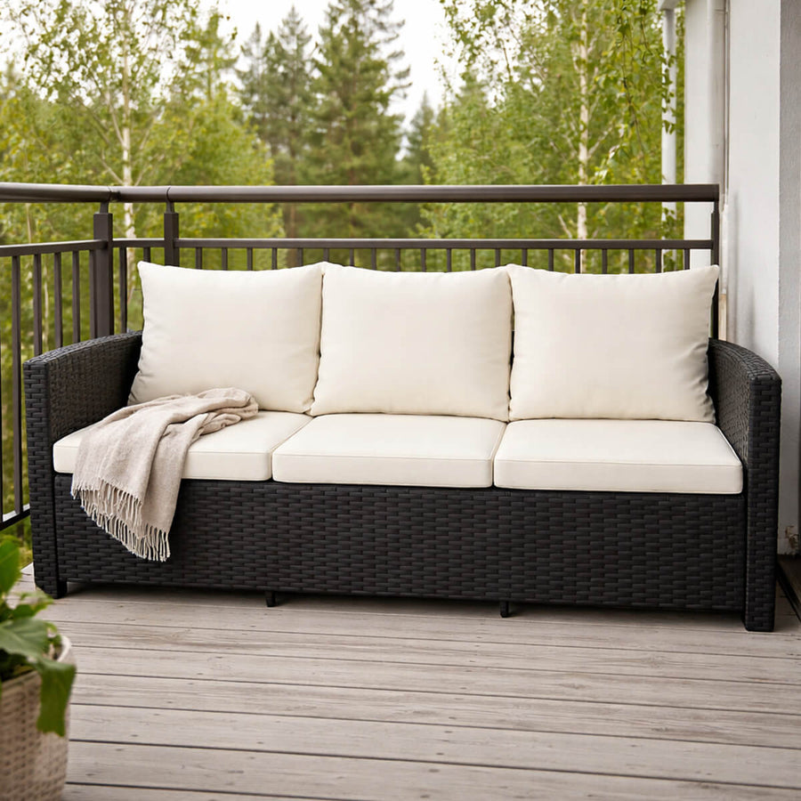 3-sitsig utomhussoffa 175 x 60 x 74 cm EMMA – polyrotting, stålram, svart/beige
