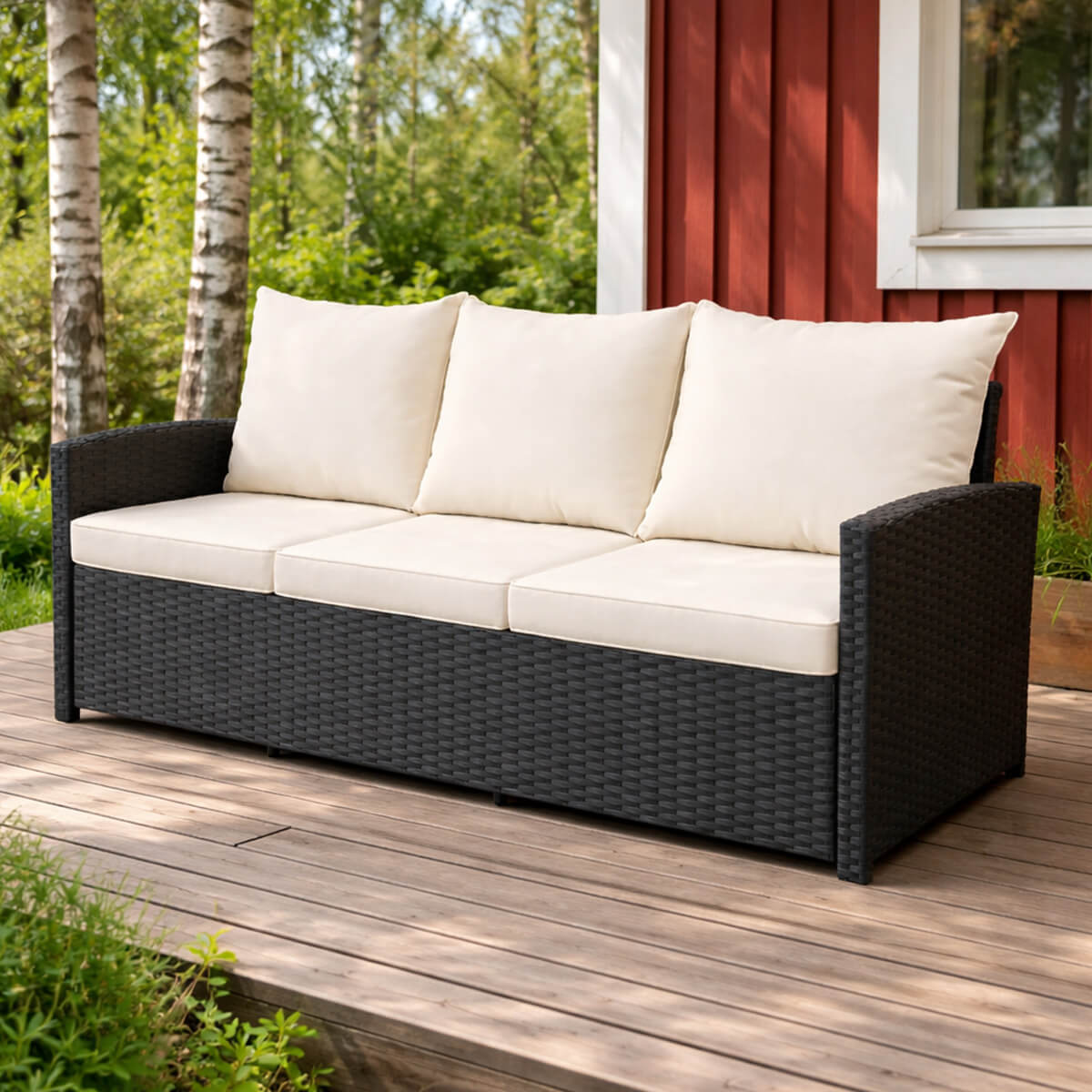 3-sitsig utomhussoffa 175 x 60 x 74 cm EMMA – polyrotting, stålram, svart/beige