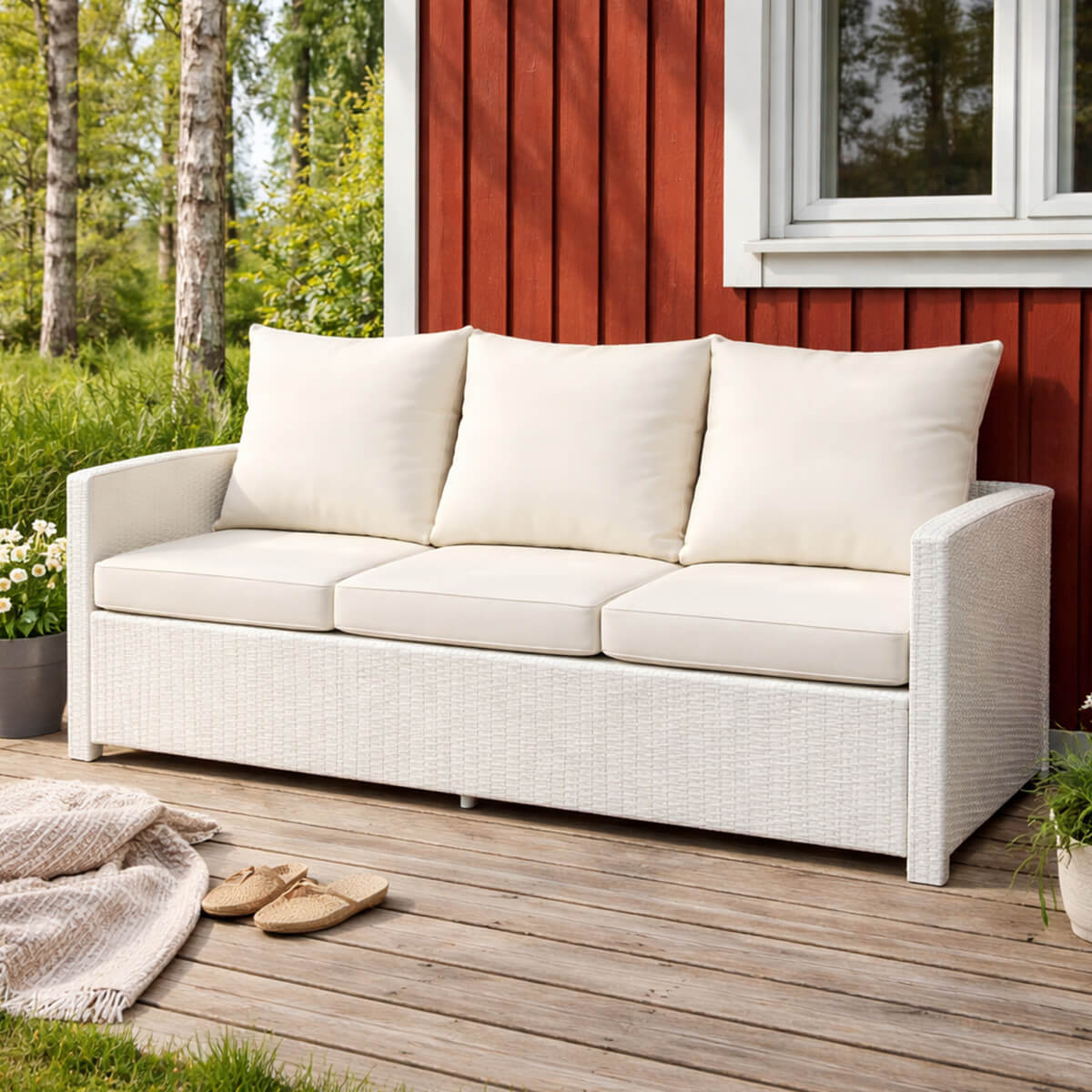 3-istuttava ulkosohva 175 x 60 x 74 cm – polyrottinki, valkoinen/beige