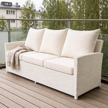 3-istuttava ulkosohva 175 x 60 x 74 cm – polyrottinki, valkoinen/beige