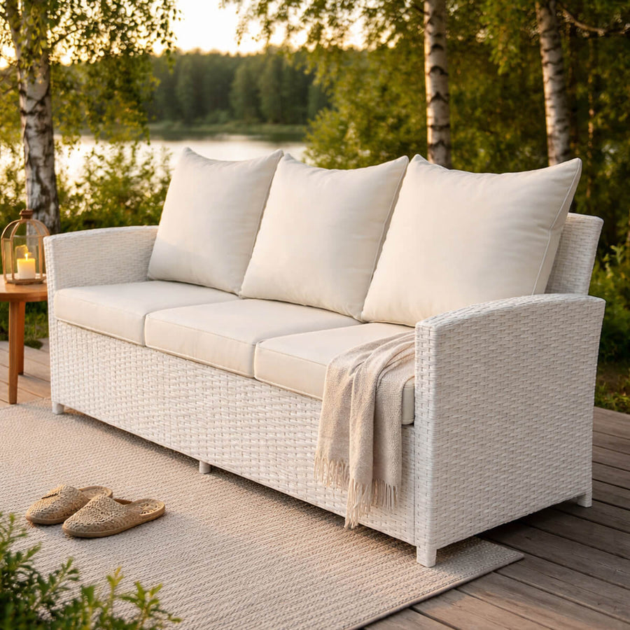 3-sitsig utomhussoffa 175 x 60 x 74 cm – polyrotting, vit/beige