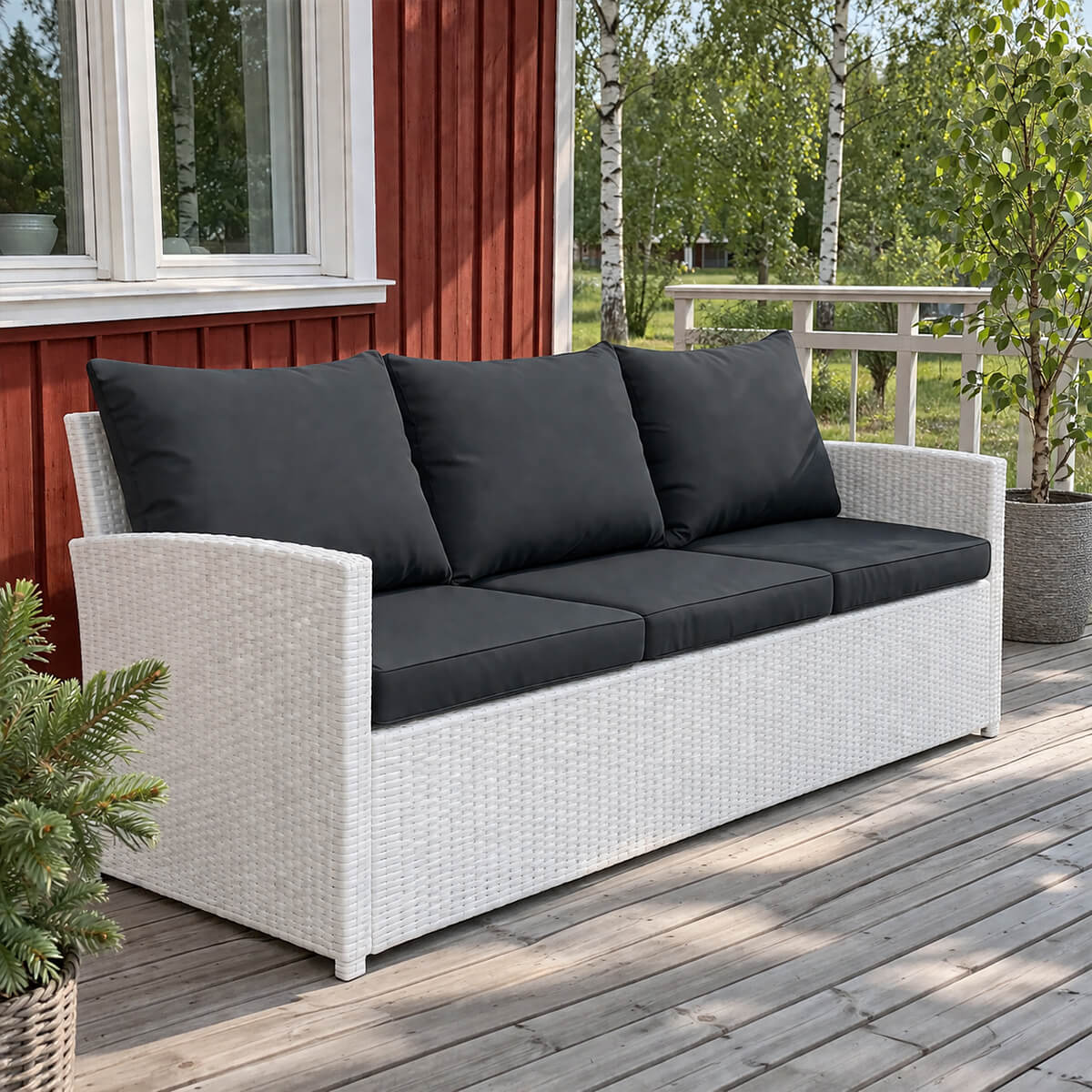 3-istuttava ulkosohva 175 x 60 x 74 cm – polyrottinki, valkoinen/harmaa