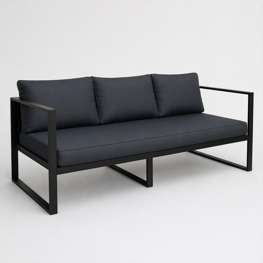 3-istuttava ulkosohva 190 x 75 cm – 10 cm pehmusteet, teräsrunko, musta/harmaa