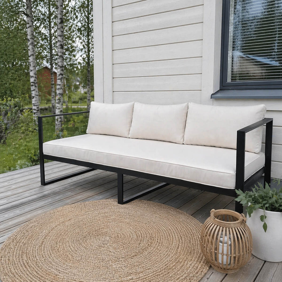 3-sitsig utomhussoffa 190 x 75 cm – 10 cm stoppning, stålram, svart/ljusbeige
