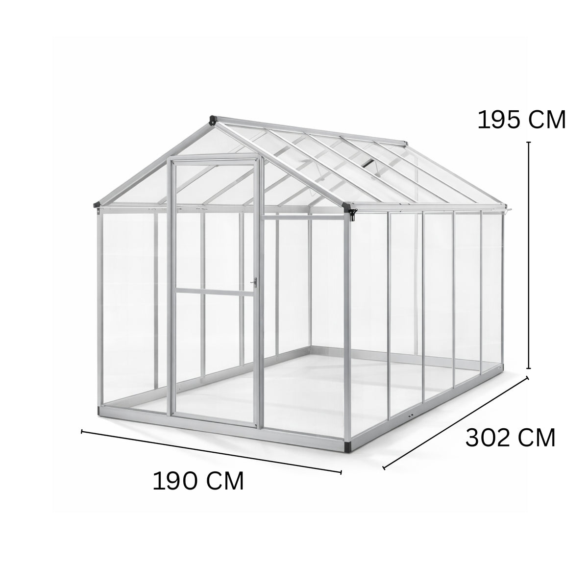 Hybridikasvihuone 5,4 m² – 302 x 190 x 195 cm, polykarbonaattikatto, harmaa
